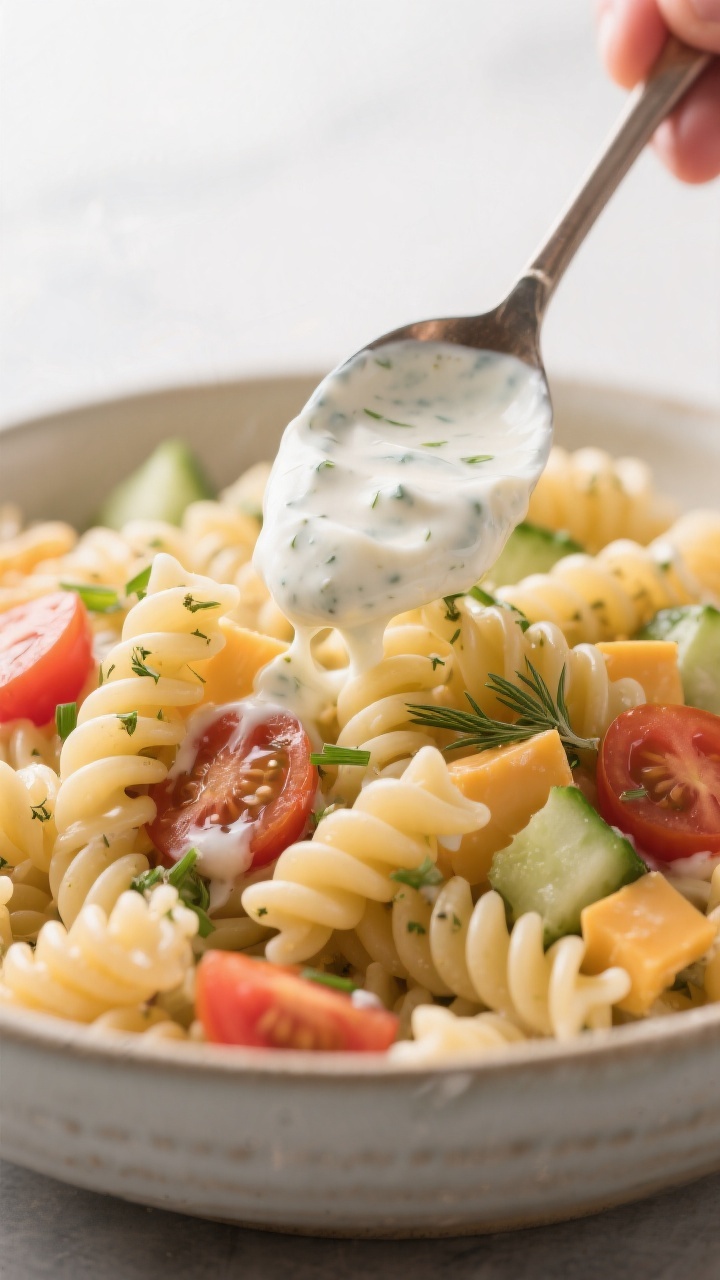 Close-up detail: A heaping spoonful of creamy Greek yogurt ranch dressing being folded through al de