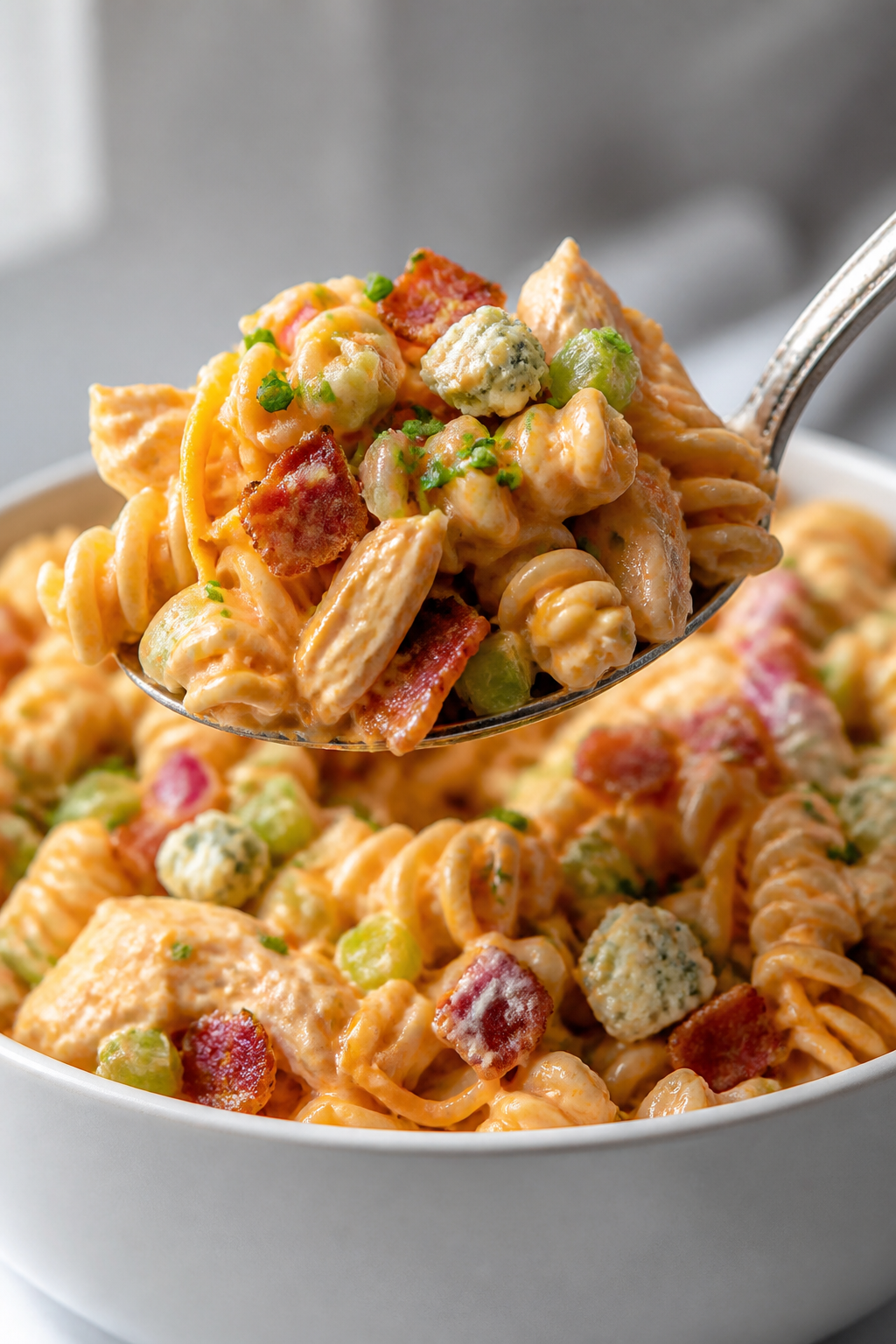 Close-up detail: A heaping spoonful of the finished Buffalo Ranch Chicken Bacon Pasta Salad lifted f