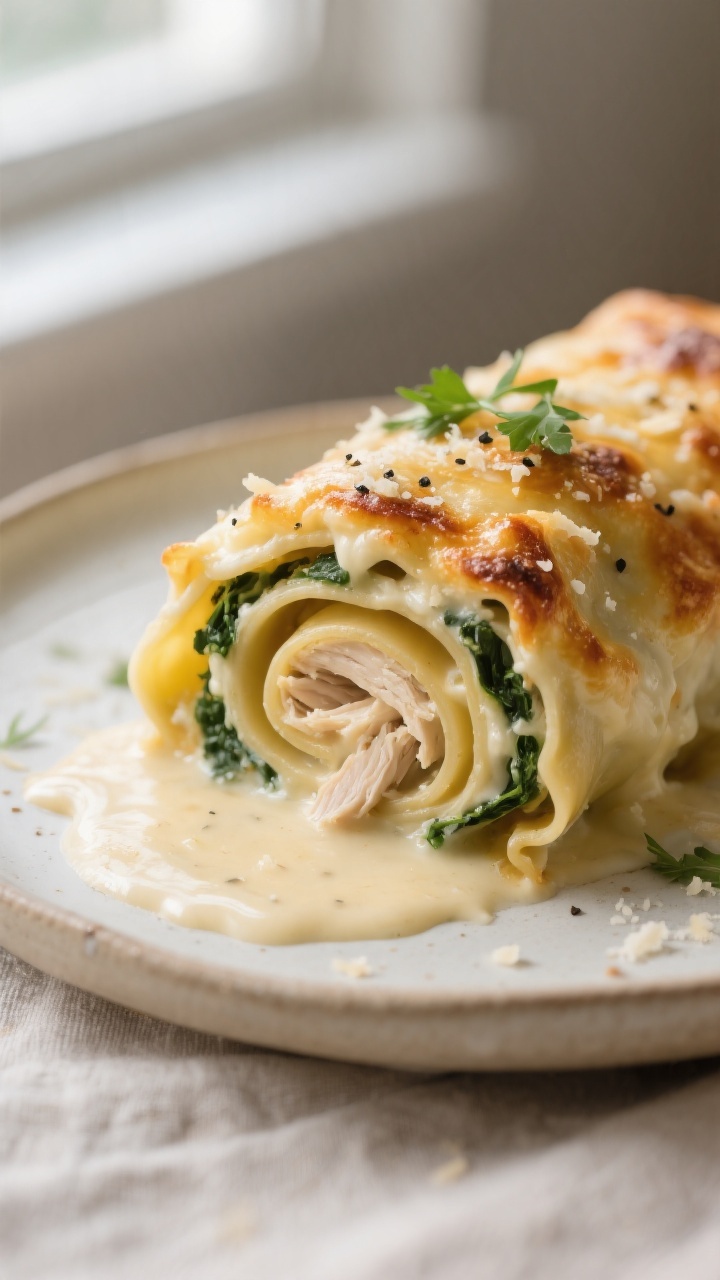 Close-up detail: A just-baked Chicken Alfredo Lasagna Roll Up sliced open to reveal spiraled layers 