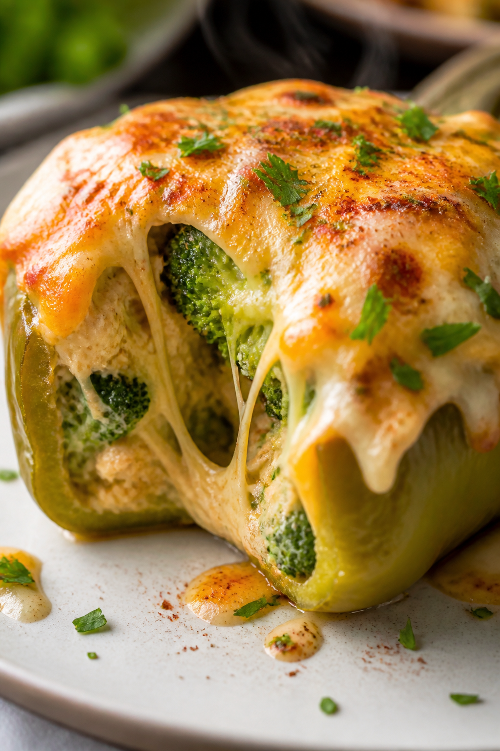 Close-up detail: A just-baked chicken broccoli cheese stuffed pepper sliced open to reveal the cream