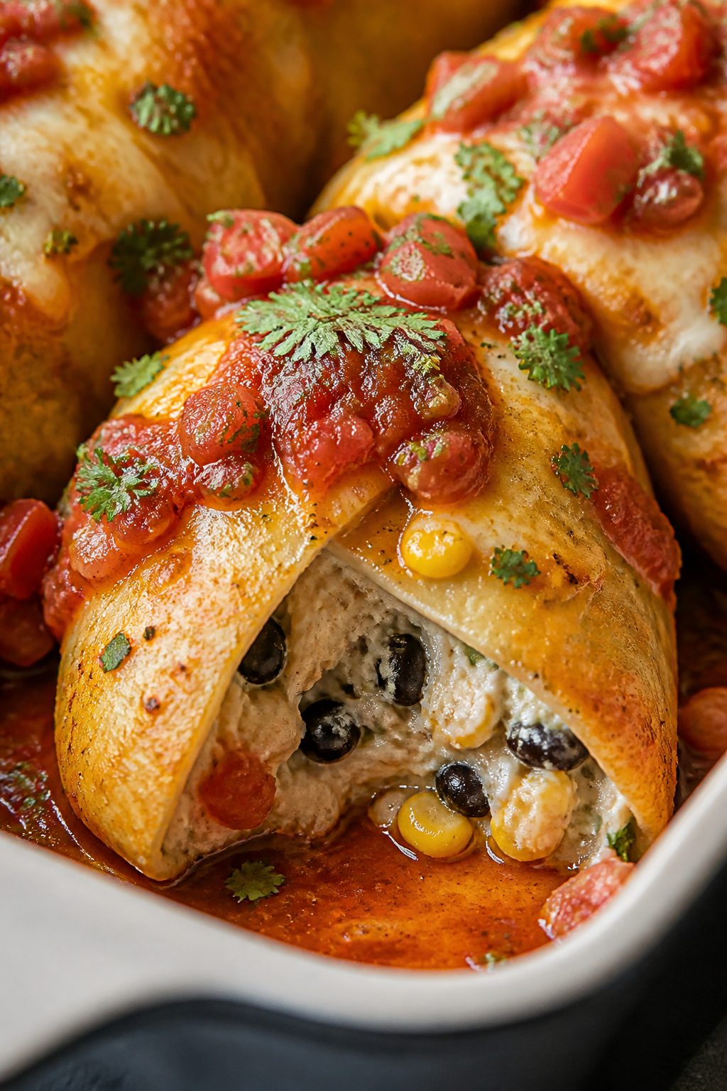 Close-up detail: A just-baked chicken taco stuffed shell split slightly open to reveal the creamy Gr