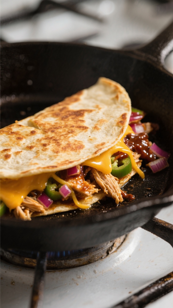 Close-up detail: A just-flipped BBQ chicken quesadilla in a cast-iron skillet over medium heat, gold