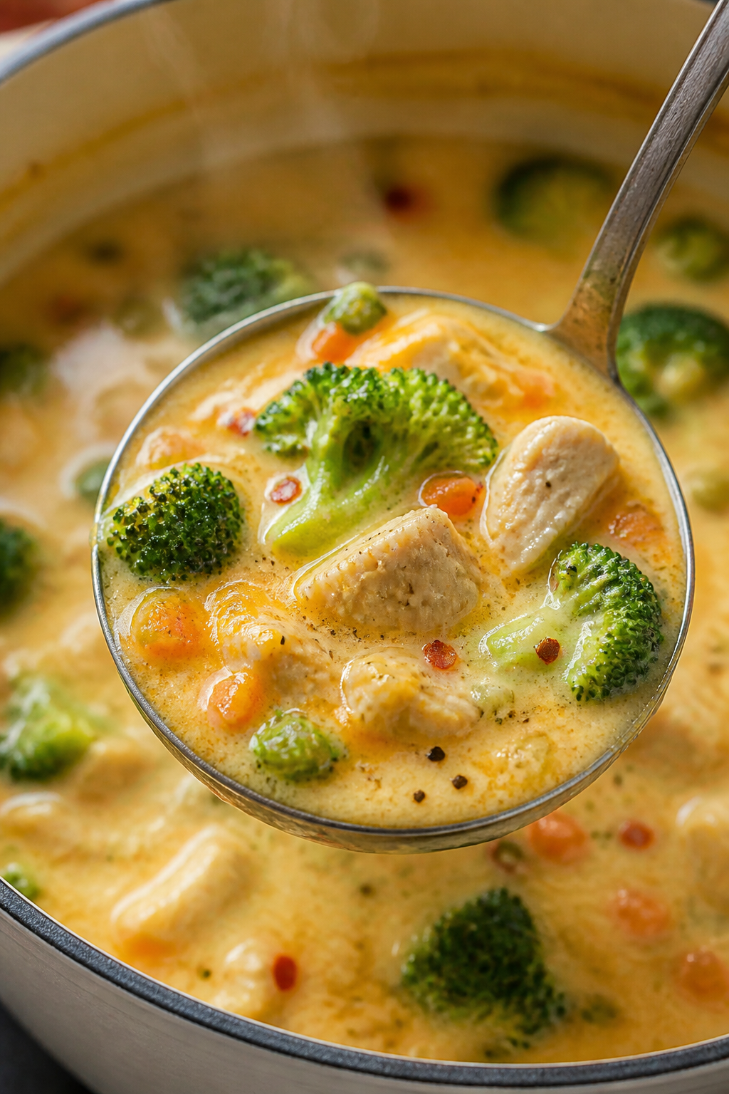 Close-up detail: A ladle lifting creamy Chicken Broccoli Cheddar Soup from a Dutch oven mid-simmer, 