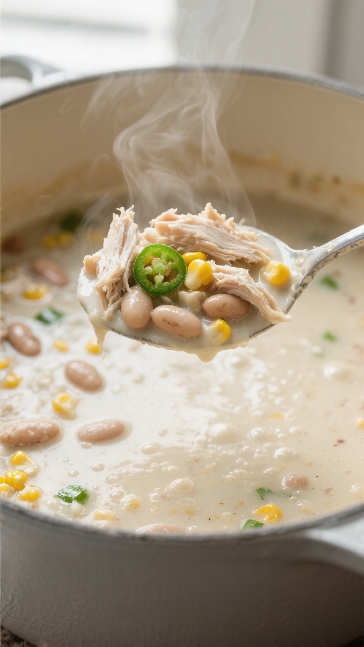 Close-up detail: A ladle lifting creamy white chicken chili from a simmering pot, showing tender shr