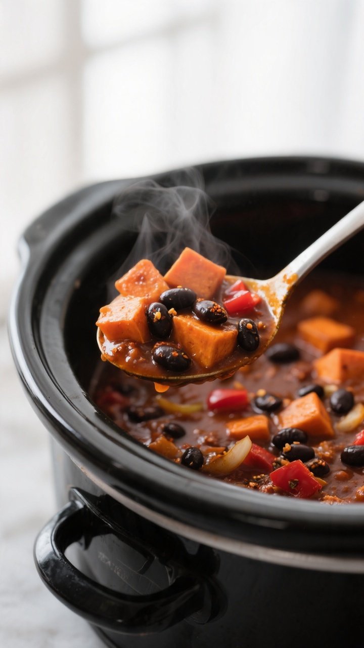Close-up detail: A ladle scooping slow-cooked sweet potato and black bean chili from a matte-black s
