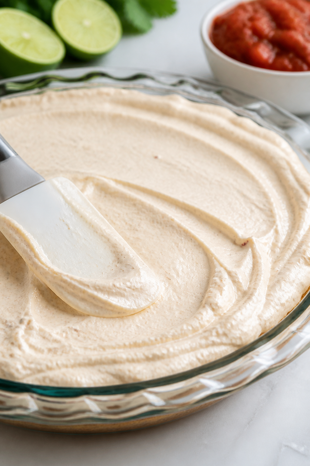 Close-up detail: A shallow glass pie dish with the creamy base layer being smoothly spread edge-to-e