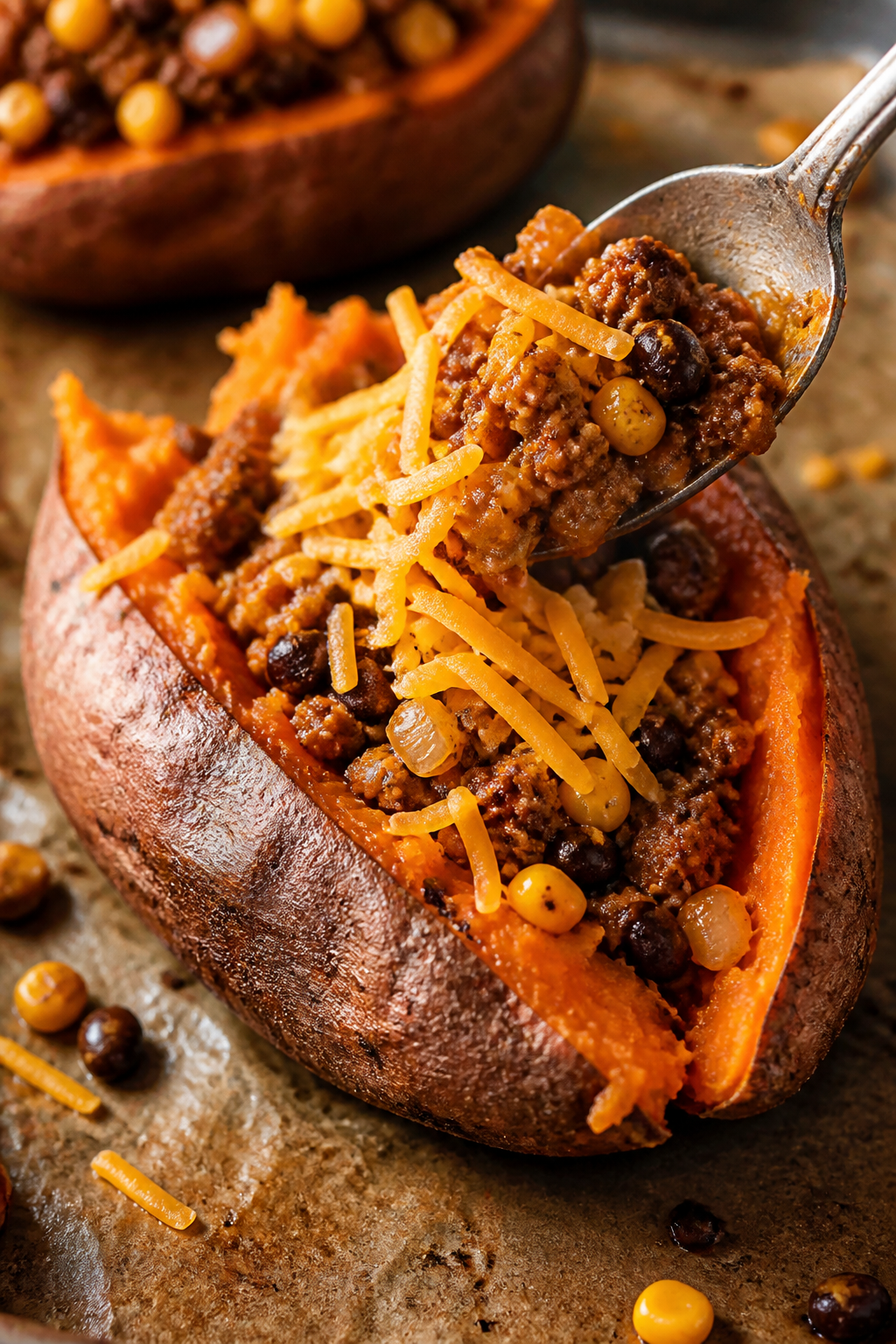 Close-up detail: A split, oven-roasted sweet potato just out of the oven with crisp, blistered skin