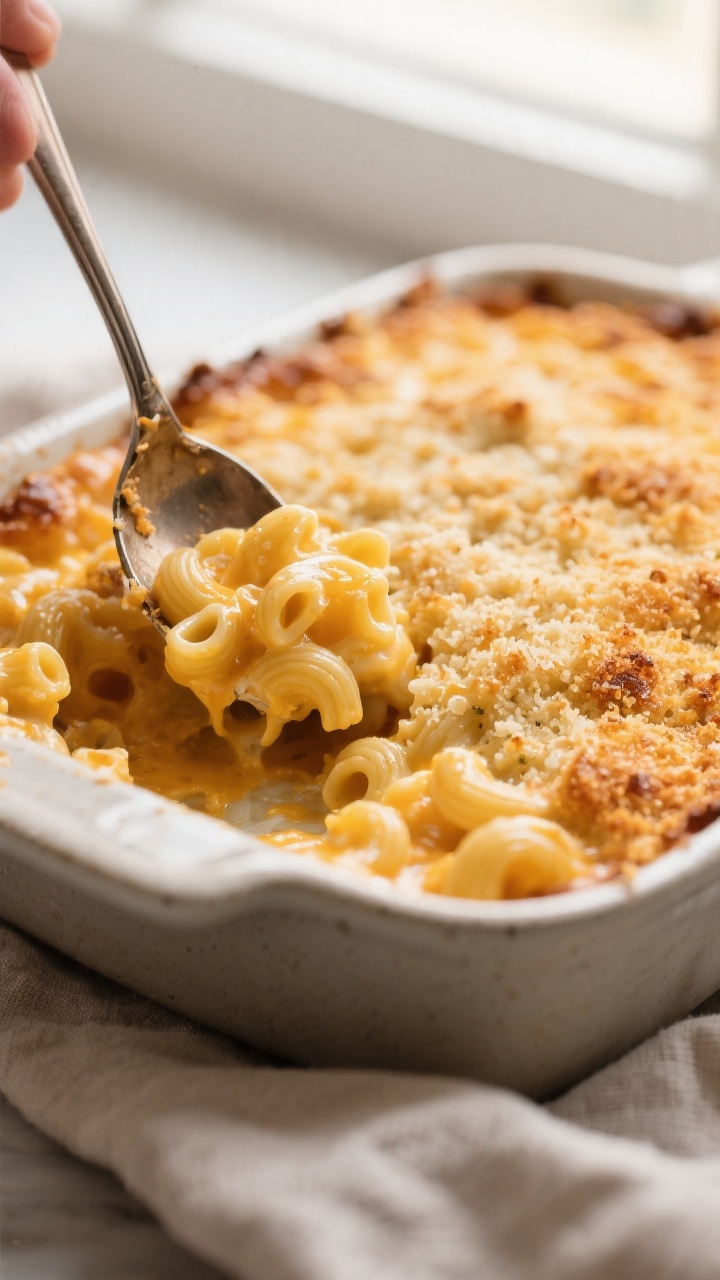 Close-up detail: A spoon breaking into a freshly baked mac and cheese casserole, capturing the crack