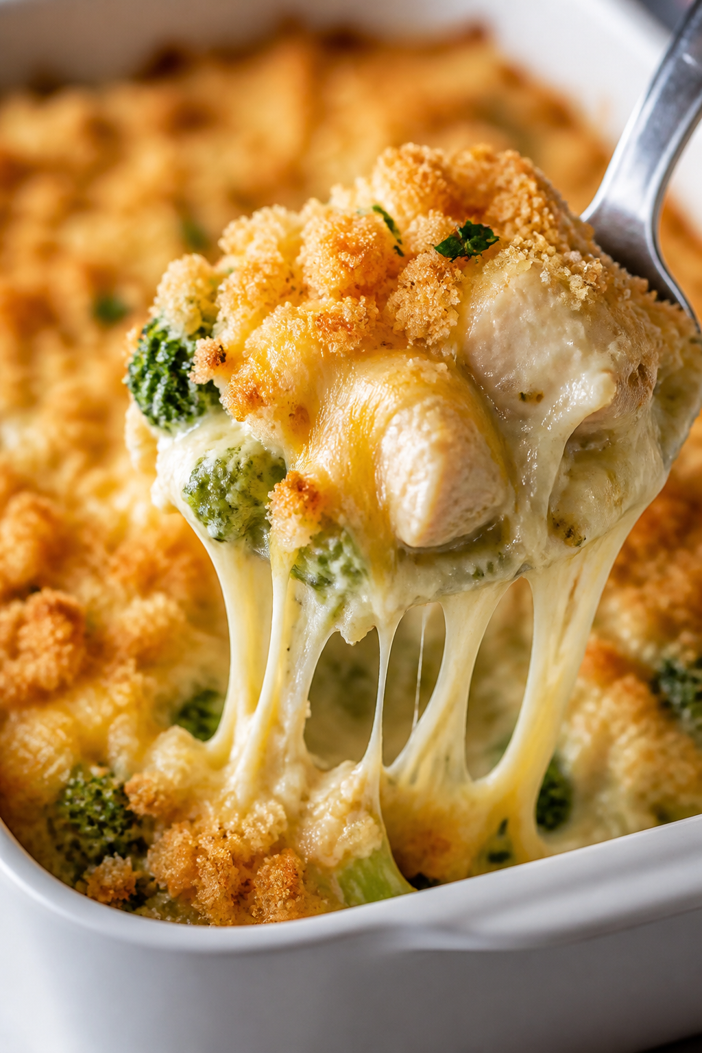 Close-up detail: A spoonful lift of baked Million Dollar Chicken Broccoli Casserole just out of the 