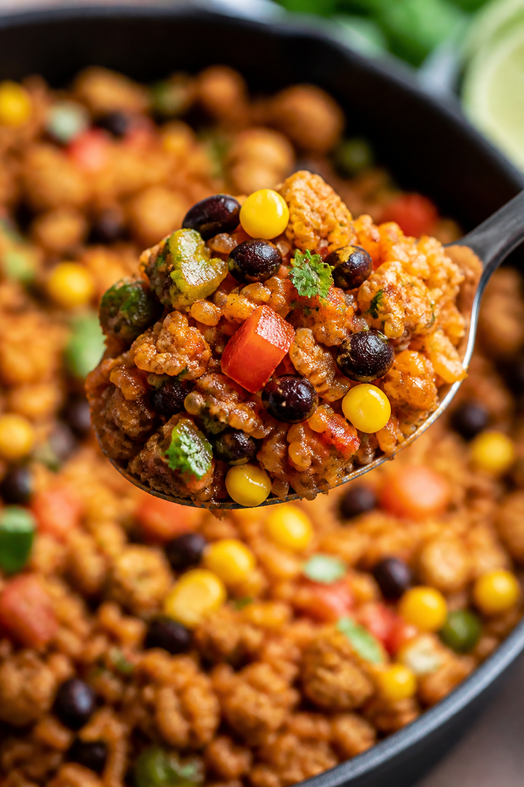 Close-up detail, : A spoonful lifted above the skillet showing fluffy, separate brown rice grains st