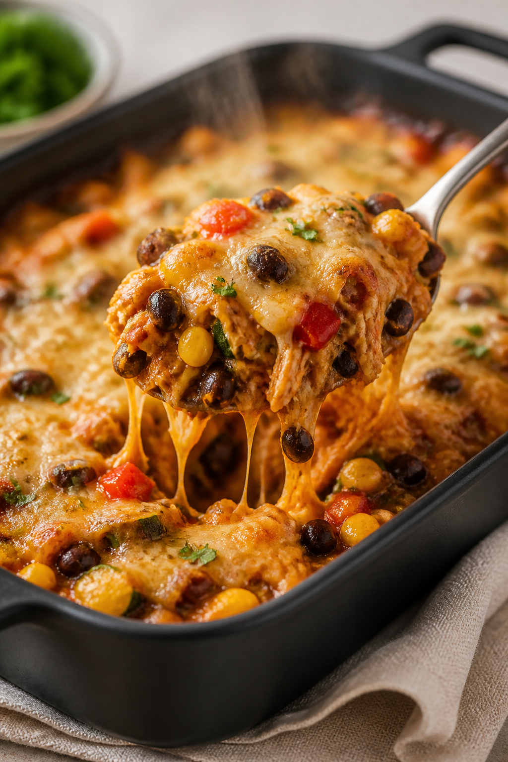 Close-up detail: A spoonful scoop of Healthy Mexican Chicken Casserole just out of the oven, showing