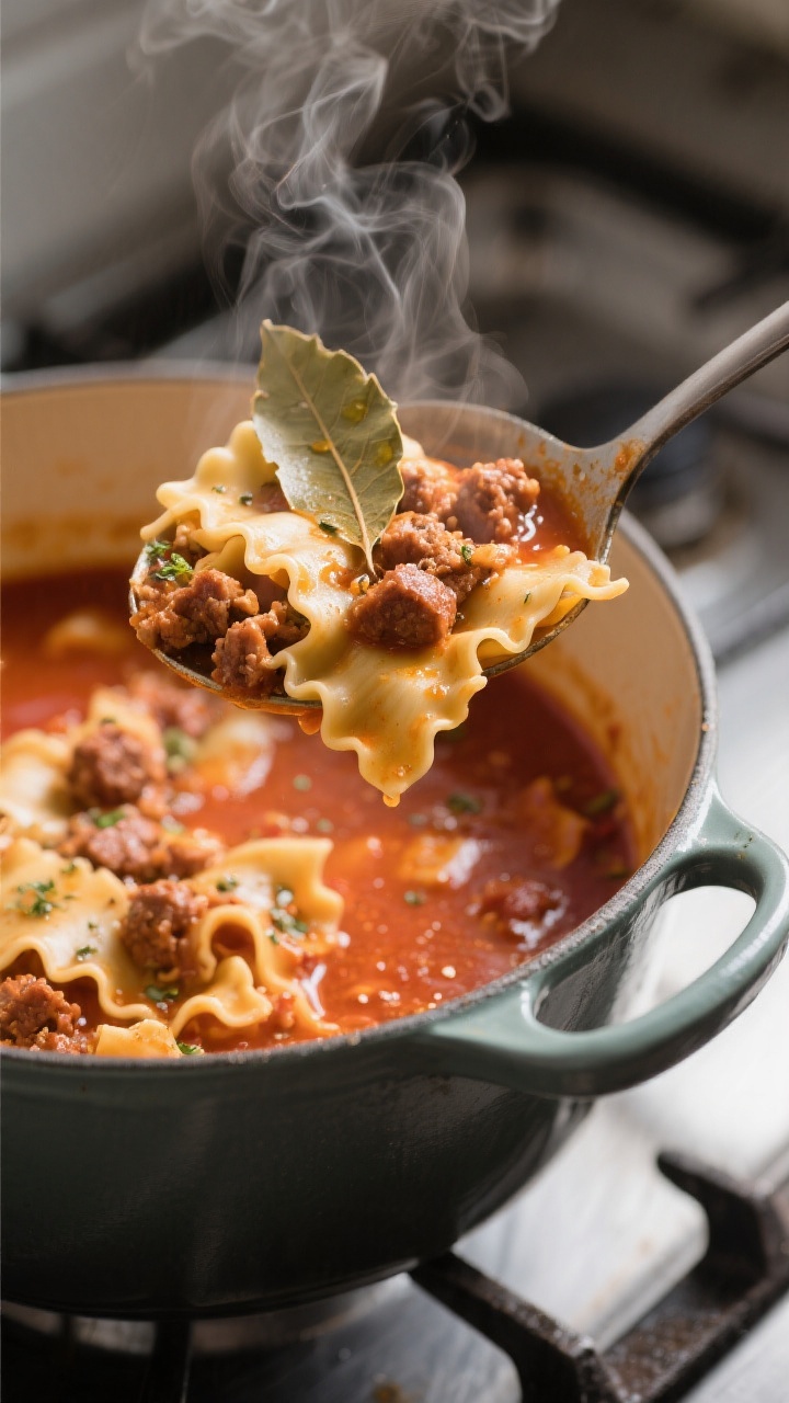 Close-up detail: A steaming ladle of lasagna soup being lifted from a Dutch oven, showing rippled, a