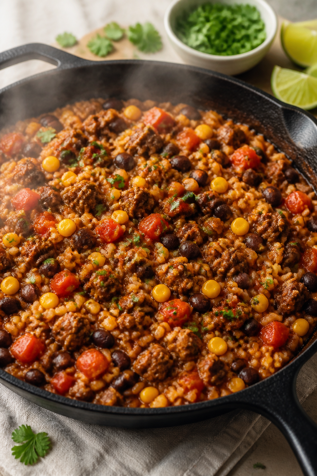 Close-up detail: A steamy, just-uncovered skillet of the cooked Healthy Beef & Rice Burrito Skillet 
