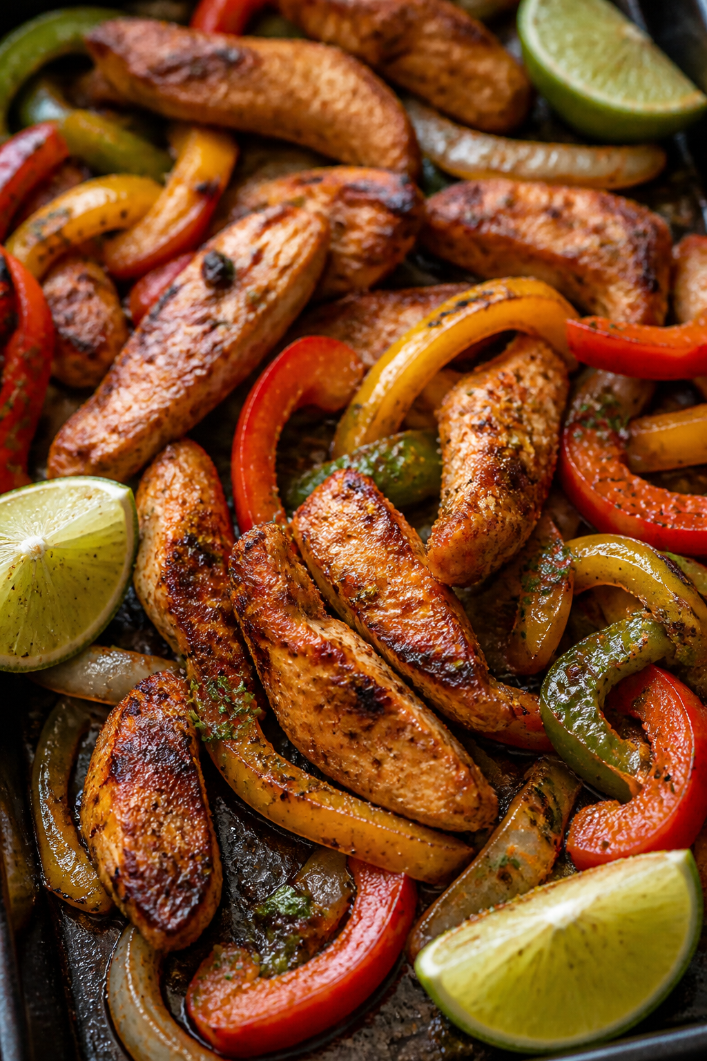 Close-up detail: Air-fried chicken fajita strips with lightly charred edges nestled among tender red