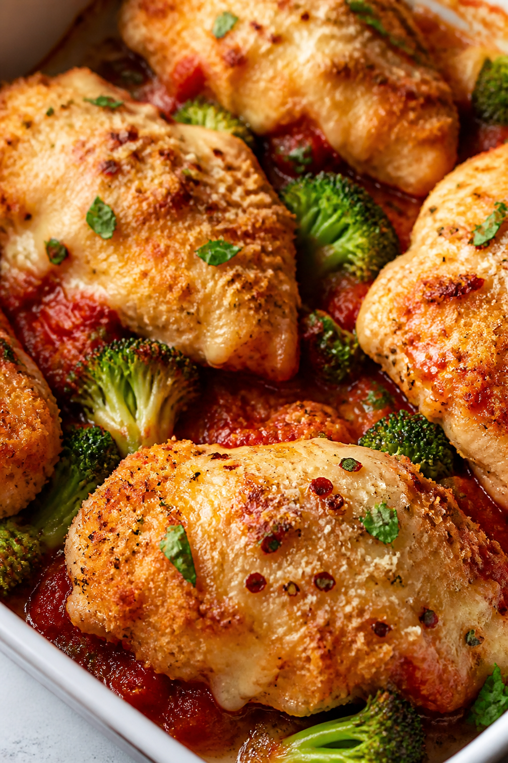 Close-up detail: Breaded chicken breasts just out of the oven, cheese melted and lightly blistered w