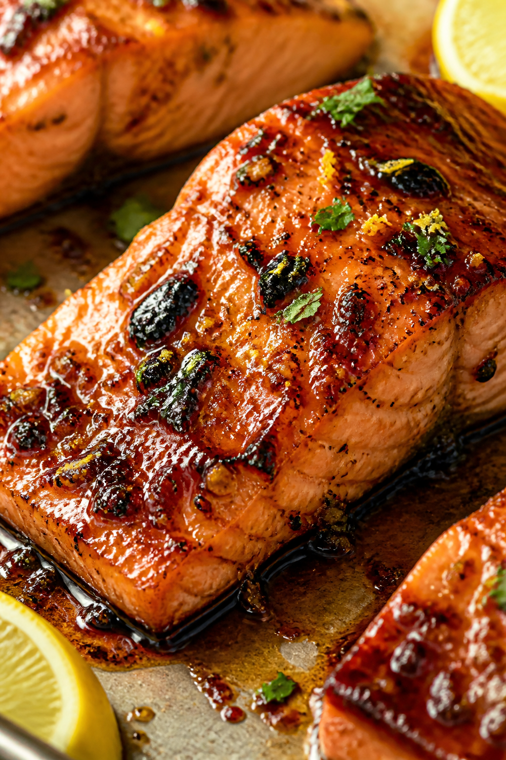 Close-up detail: Broiled garlic brown sugar salmon just out of the oven, glaze visibly caramelized a