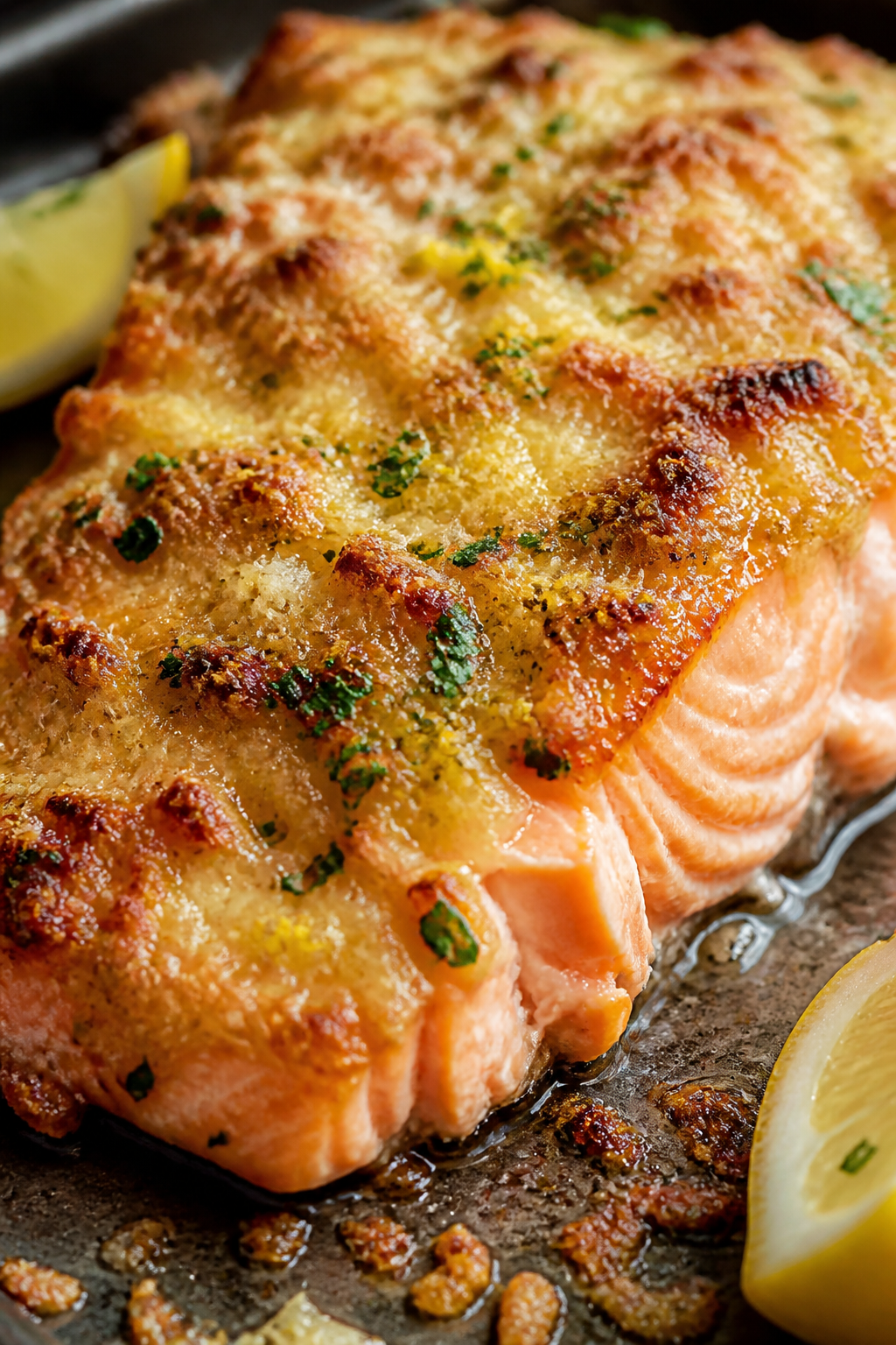 Close-up detail: Broiled Garlic Parmesan Glazed Salmon just out of the oven, extreme close-up on the