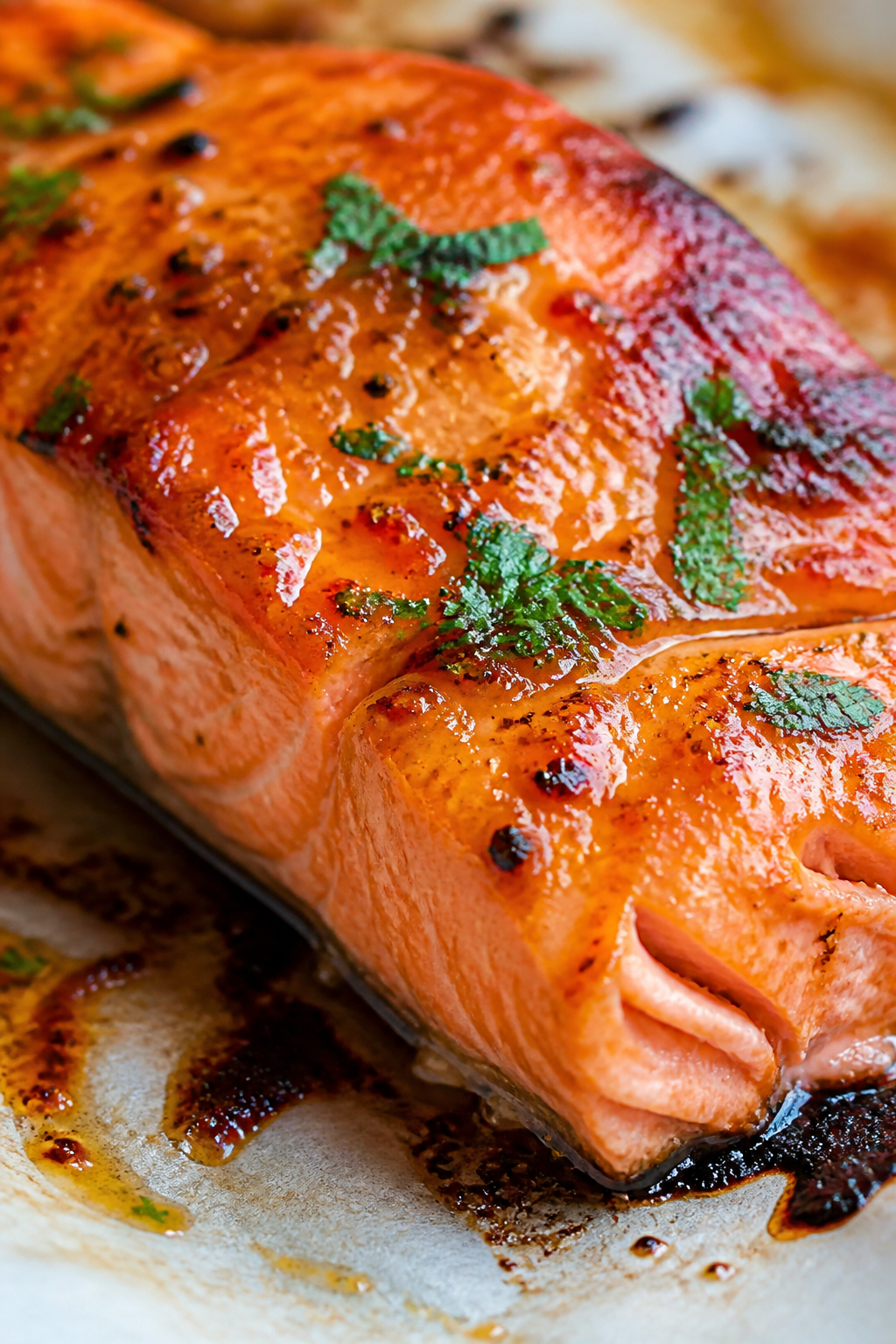 Close-up detail: Broiled honey-Dijon glazed salmon fillet just out of the oven, glossy caramelized g