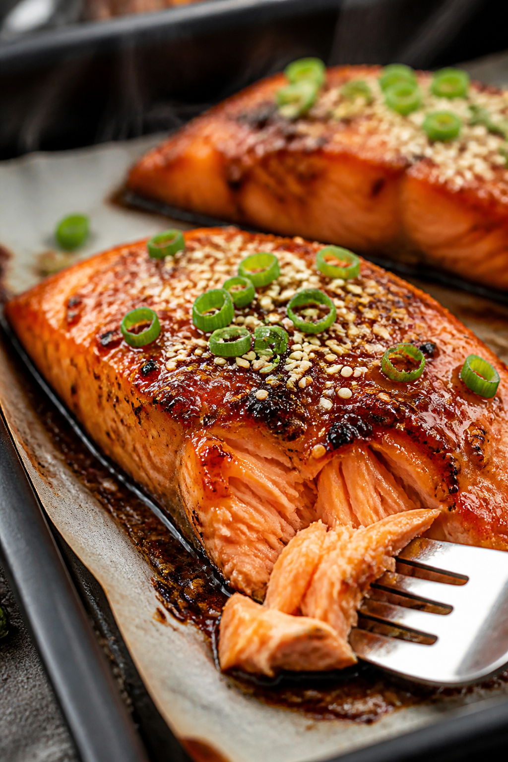 Close-up detail: Broiled honey-glazed salmon just out of the oven, showing glossy caramelized glaze