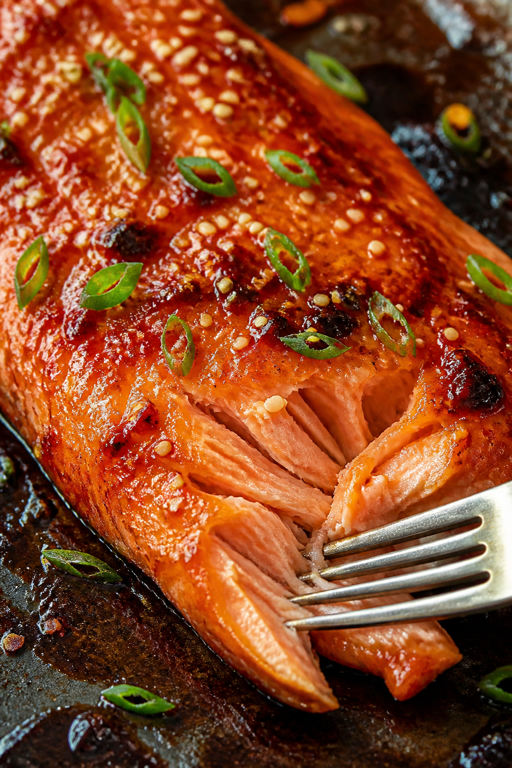 Close-up detail: Broiled honey-sriracha glazed salmon fillet just out of the oven, glossy lacquer bu