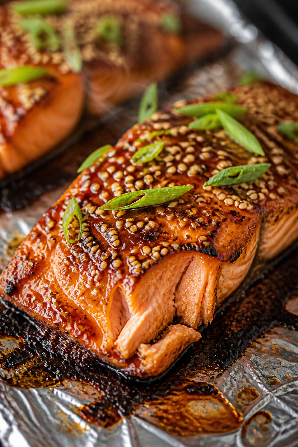 Close-up detail: Broiled Korean BBQ glazed salmon fillet just out of the oven, glaze caramelized and