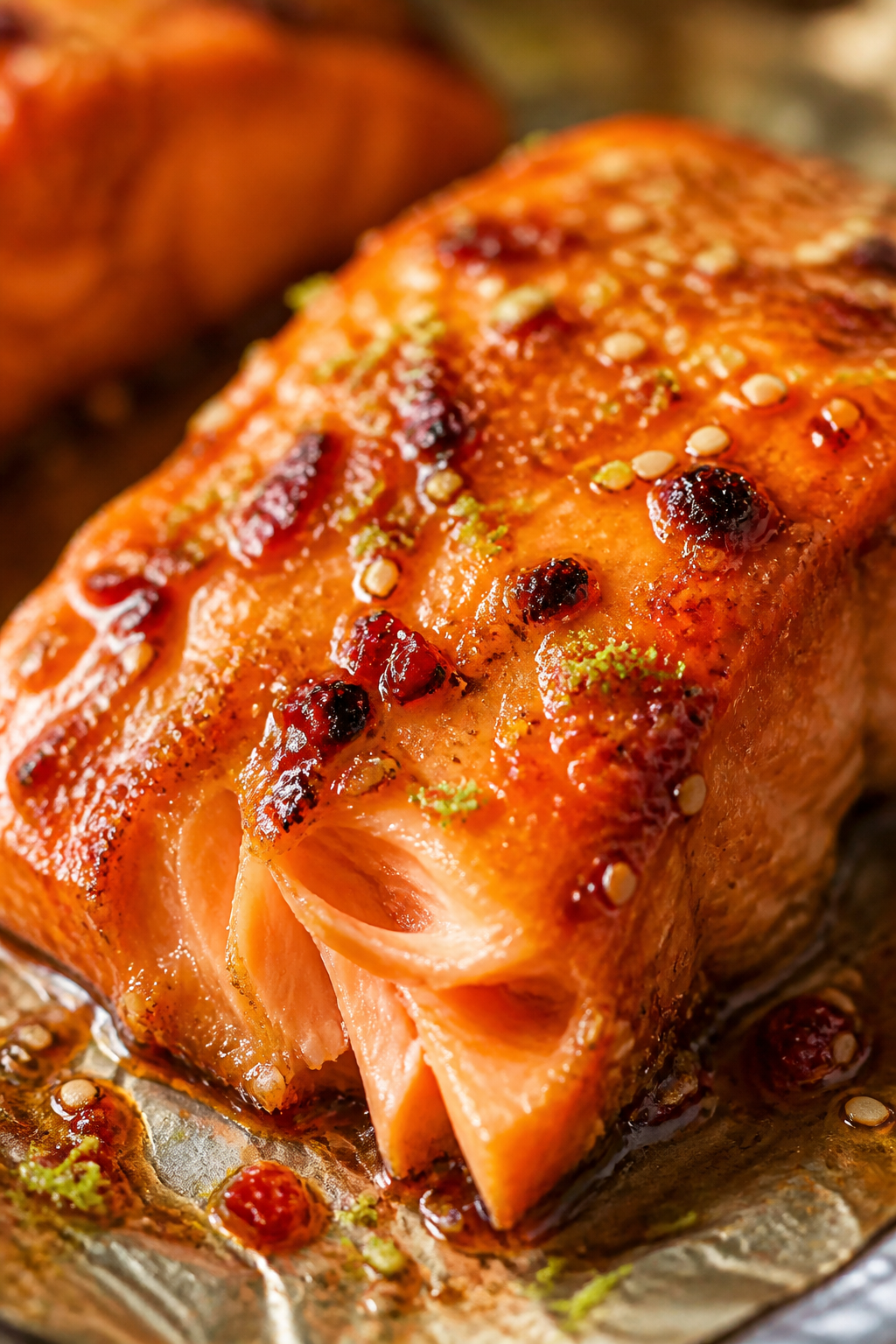 Close-up detail: Broiled mango chili glazed salmon just out of the oven, tight macro on the lacquere