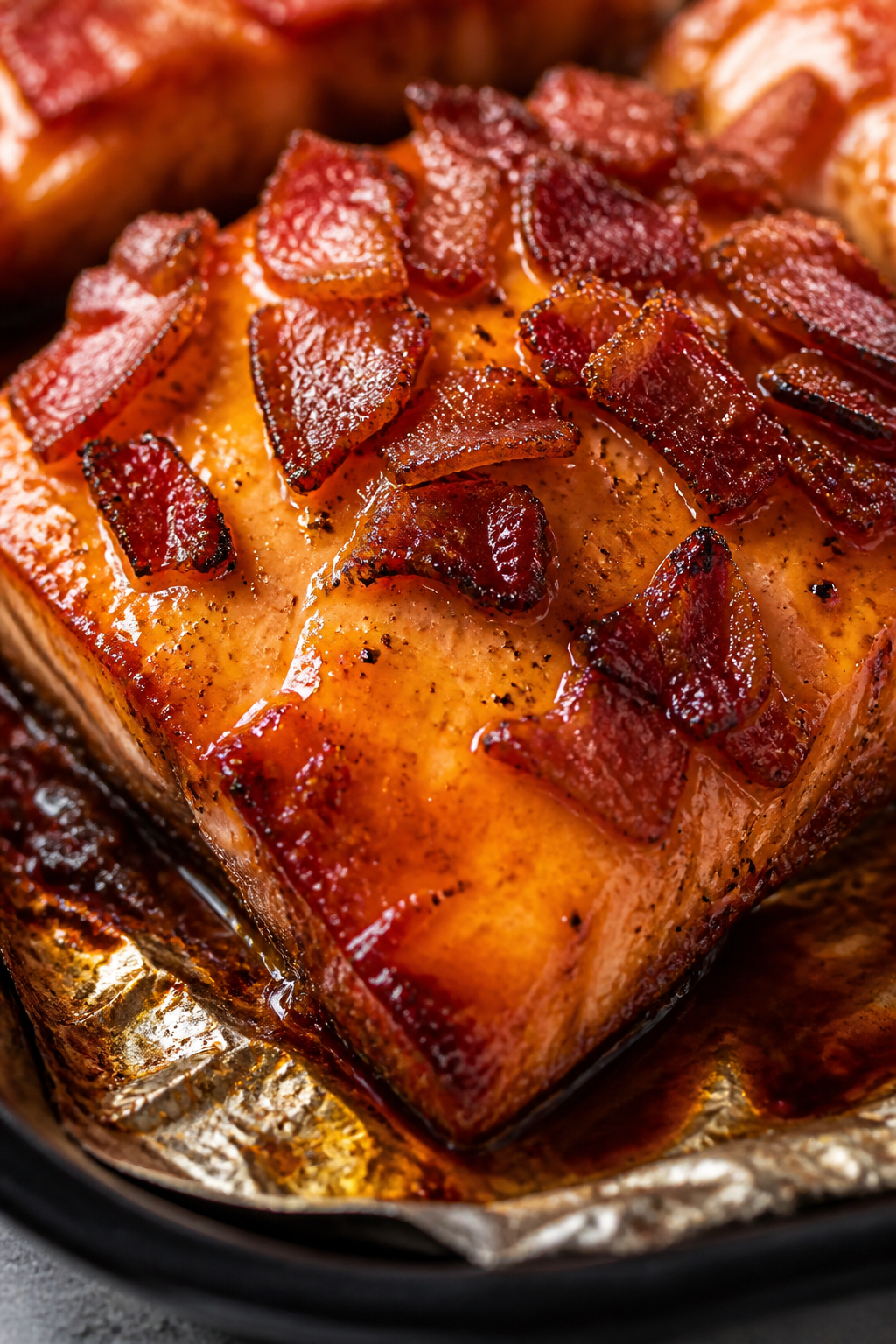 Close-up detail: Broiled maple bacon glazed salmon just out of the oven, tight macro on caramelized,