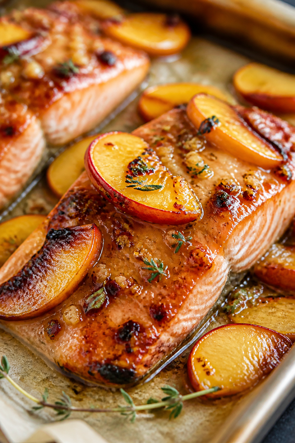 Close-up detail: Broiled peach honey–glazed salmon just out of the oven, showing a sticky, golden
