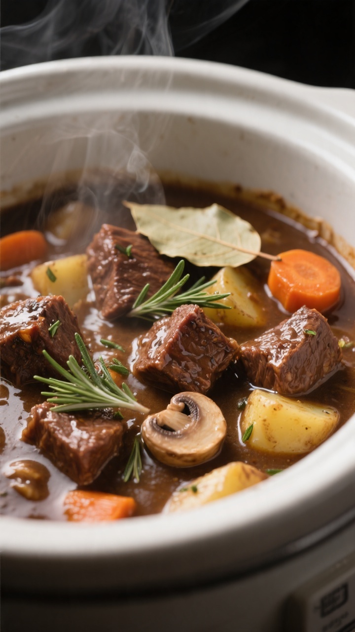 Close-up detail: Browned beef chuck cubes simmering in a slow cooker with rich, glossy gravy clingin