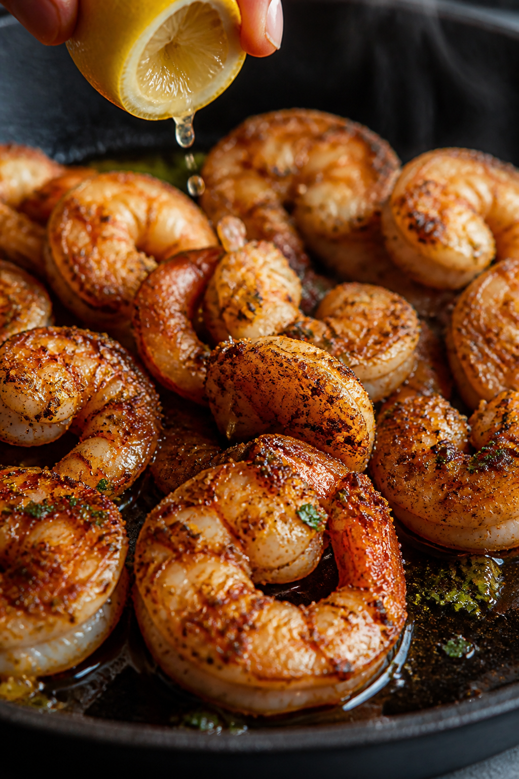 Close-up detail: Cajun-seared shrimp just off the skillet, lightly charred edges with a glistening s
