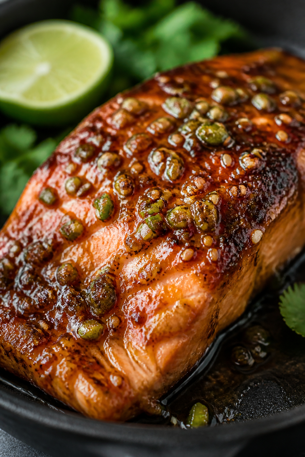 Close-up detail: Candied jalapeño–glazed salmon just out of the oven, showing lacquered, sticky g