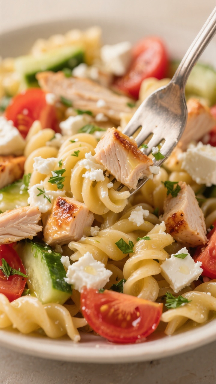 Close-up detail – chicken and feta fold-in: Tight macro shot of tender diced grilled chicken and c