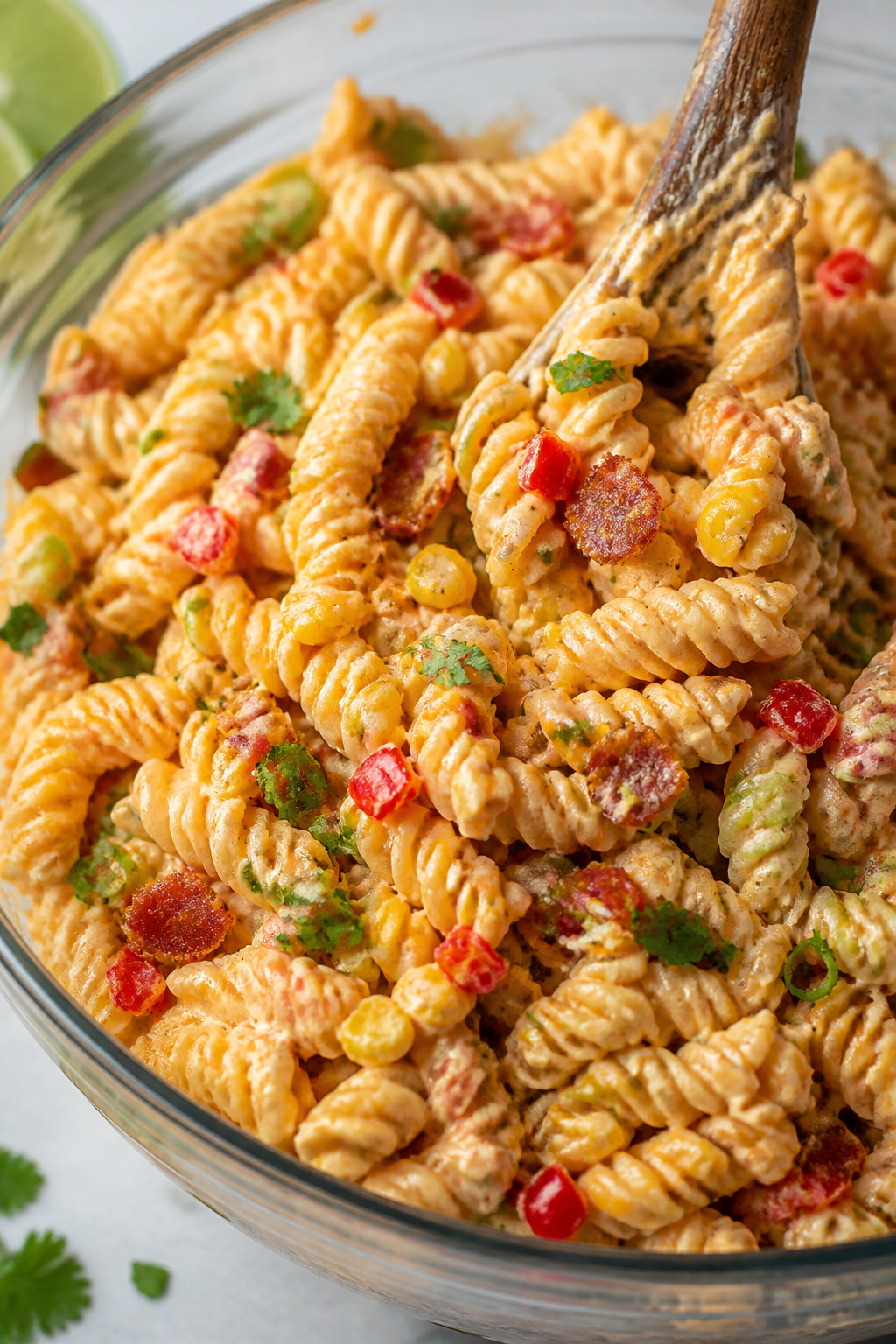 Close-up detail: Creamy bacon jalapeño pasta salad being folded together in a large glass bowl, sho