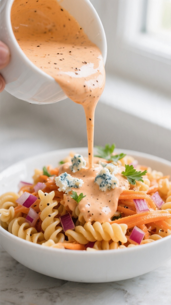 Close-up detail: Creamy buffalo cottage cheese dressing being poured over a bowl of just-cooled al d