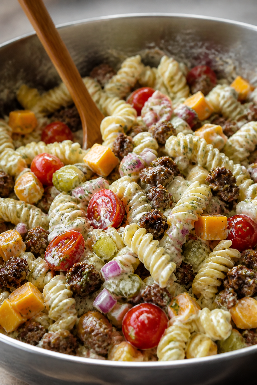 Close-up detail: Creamy cheeseburger ranch pasta salad being tossed in a large stainless bowl—al d