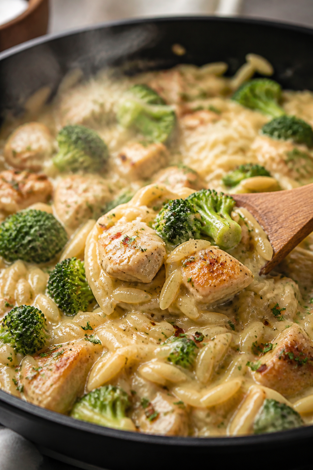 Close-up detail: Creamy chicken broccoli orzo just after finishing on the stove, showing glossy, sil