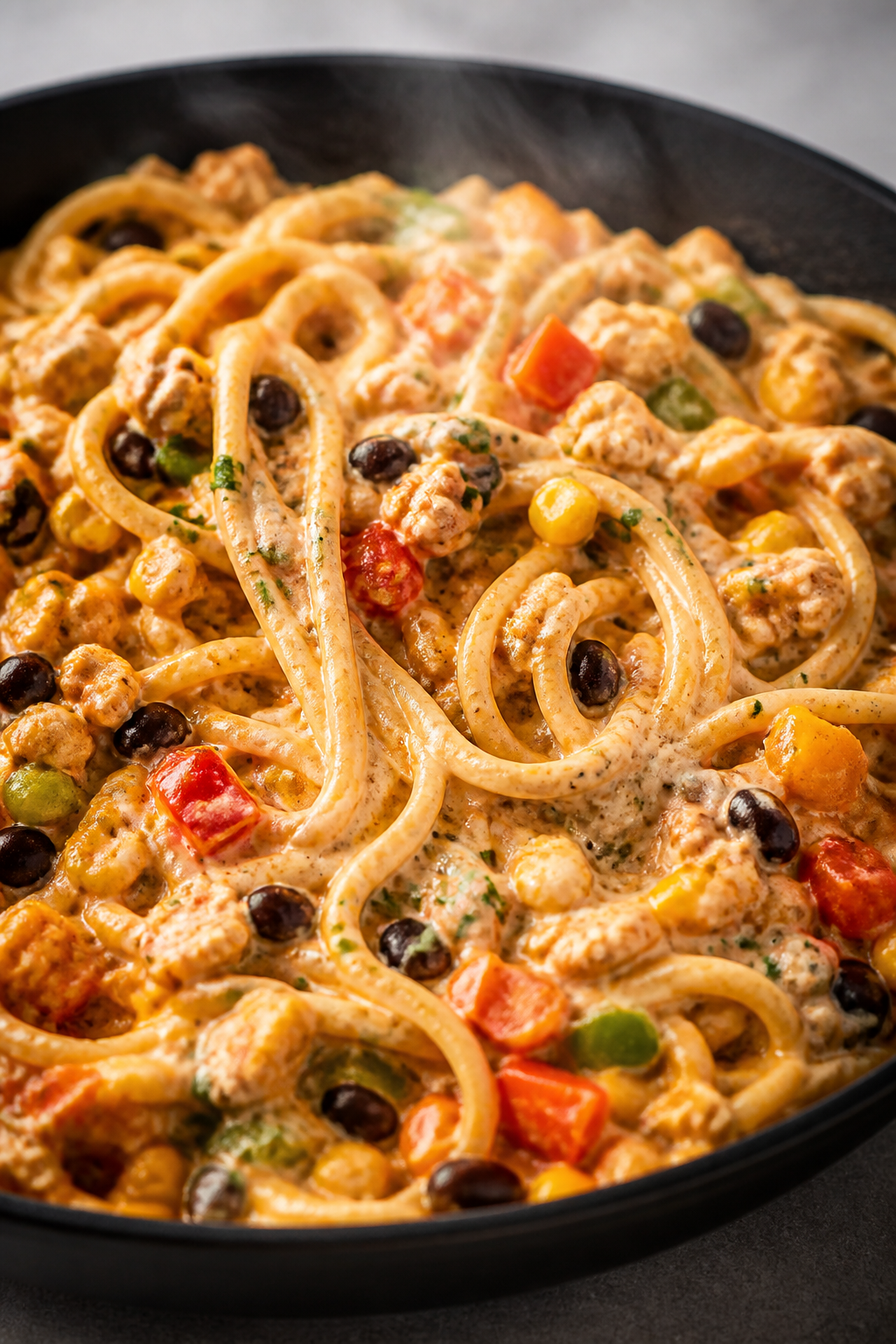 Close-up detail: Creamy chicken taco spaghetti being tossed in a skillet, showing glossy sauce cling