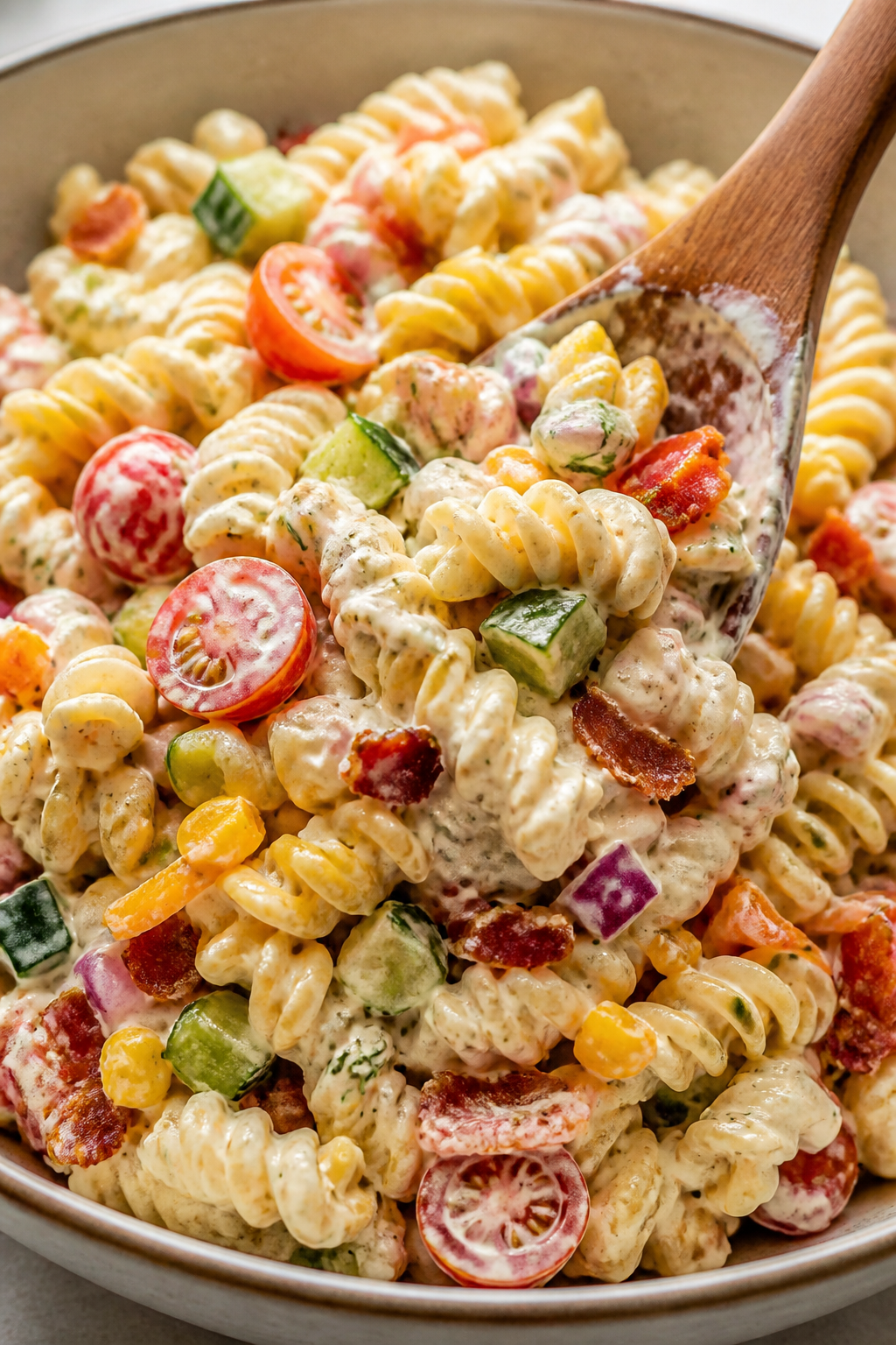Close-up detail: Creamy Garlic Ranch Pasta Salad being gently folded in a large mixing bowl—al den