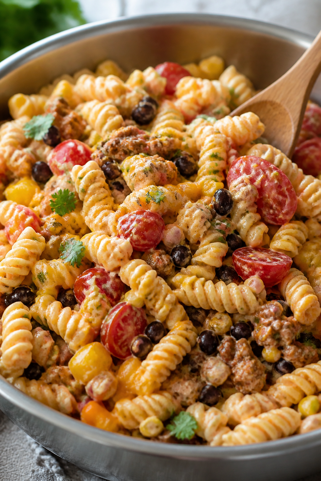 Close-up detail: Creamy Southwest taco pasta salad being gently folded in a large chilled stainless 