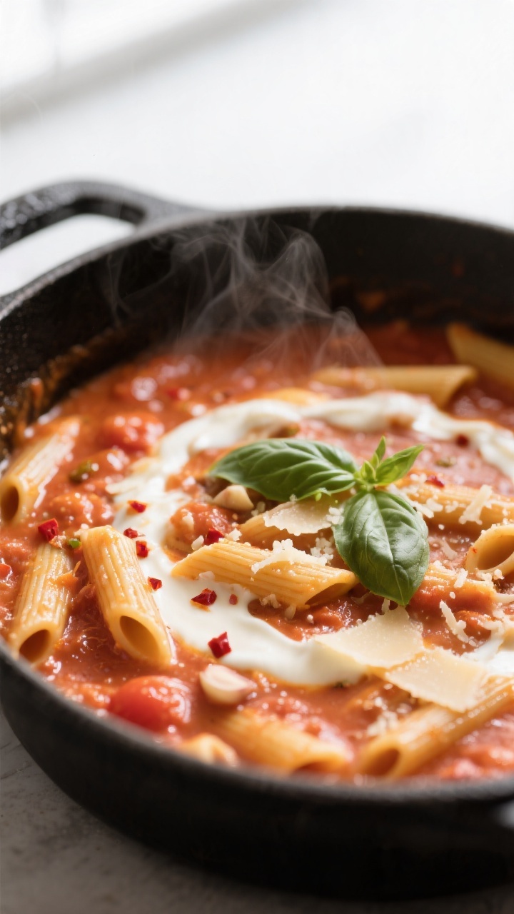 Close-up detail: Creamy tomato basil pasta mid-cook in a black Dutch oven, pasta simmering directly 