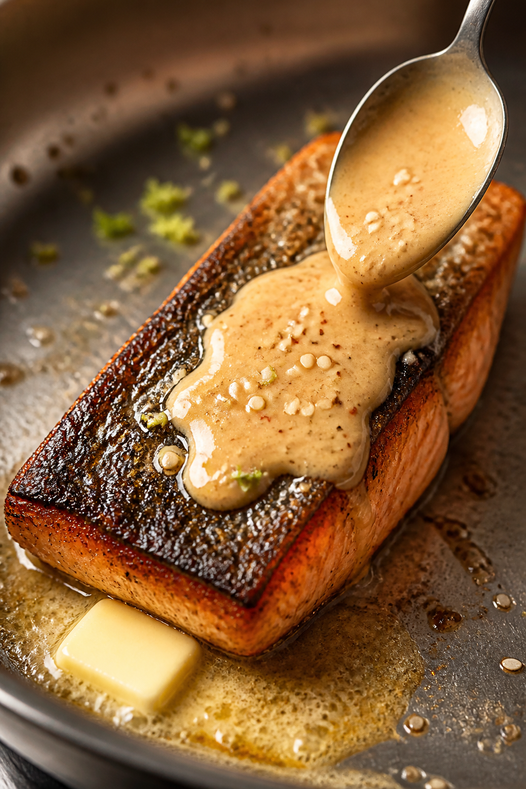 Close-up detail: Crisp-skinned Bang Bang Salmon just after the flip, seared in a stainless skillet o