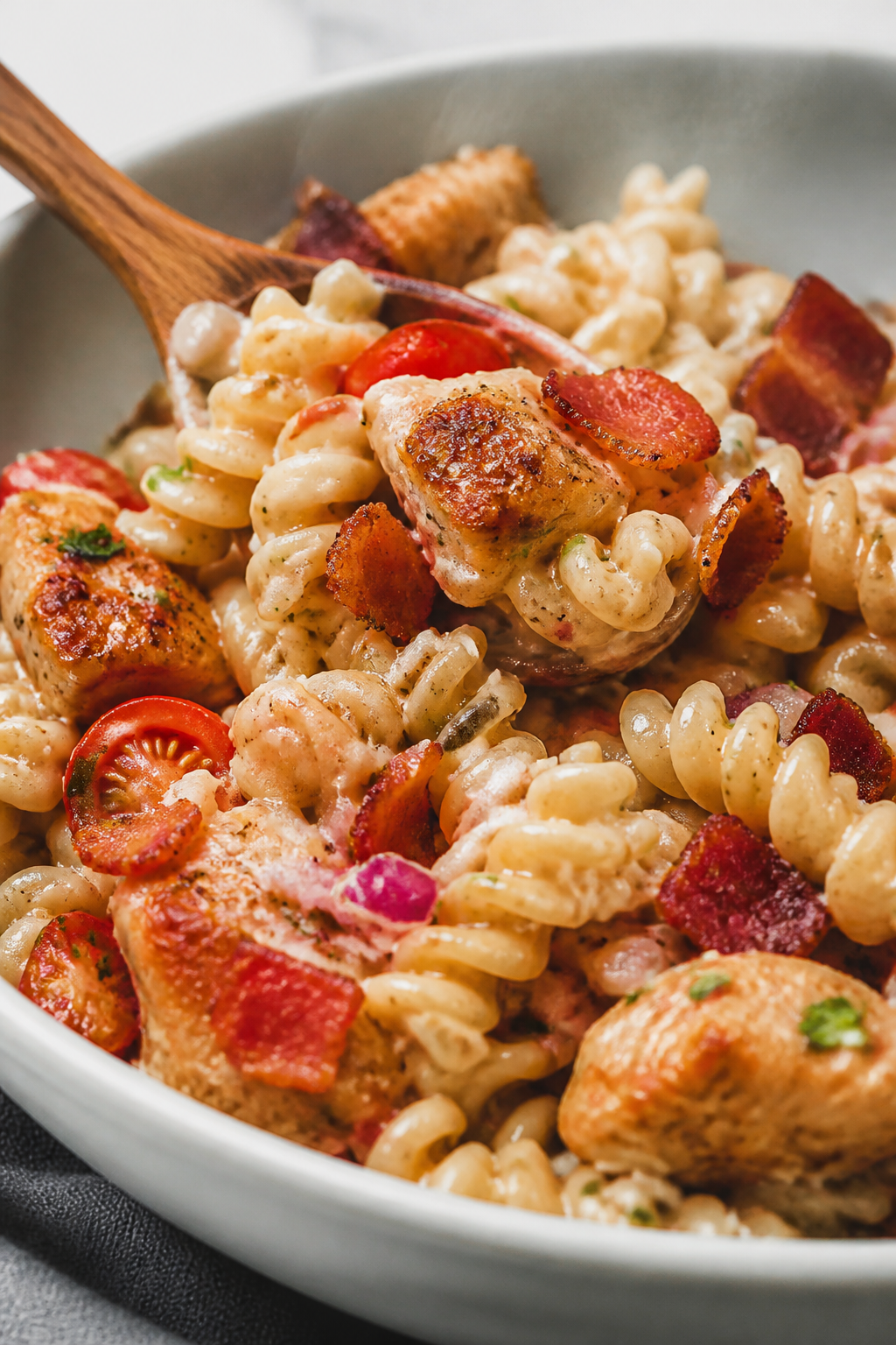 Close-up detail: Crispy crumbled thick-cut bacon and juicy seared chicken bites being folded into al