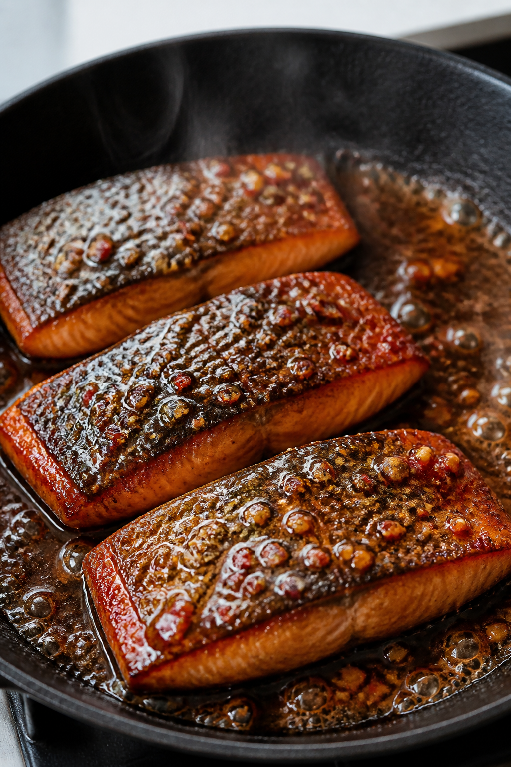 Close-up detail: Crispy hot honey salmon just after glazing in the skillet—skin-side up with deepl