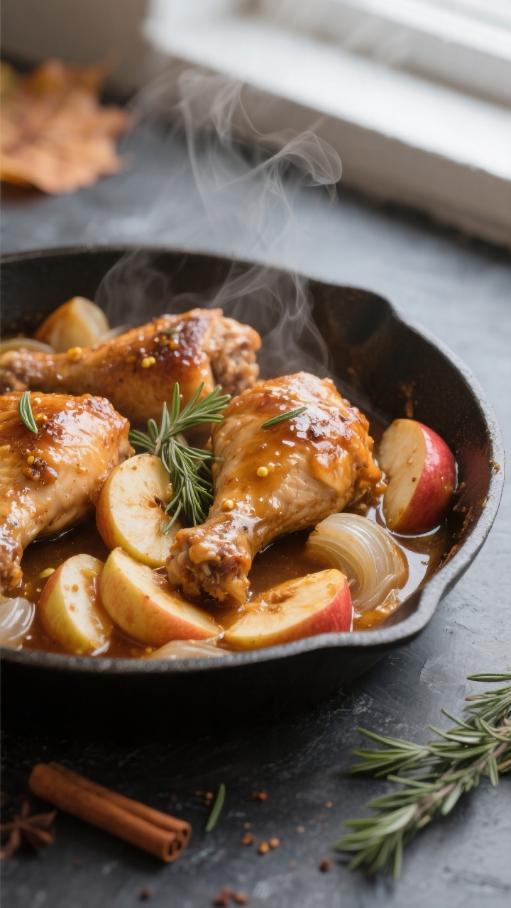 Close-up detail: Crockpot Apple Cider Chicken just after thickening the sauce, tender braised chicke