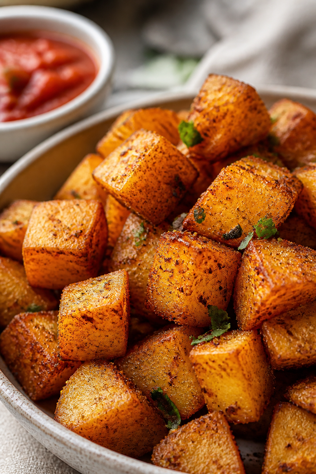 Close-up detail: Extra-crispy, spice-dusted potato cubes fresh from the air fryer/roaster, edges gol