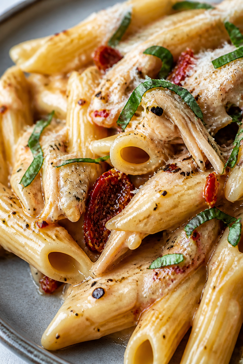 Close-up detail: Extreme close-up of a single plated portion on a matte ceramic plate—al dente pen