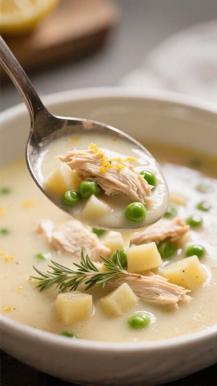 Close-up detail, final presentation: Tight, mouthwatering close-up of a ladle lifting the velvety so