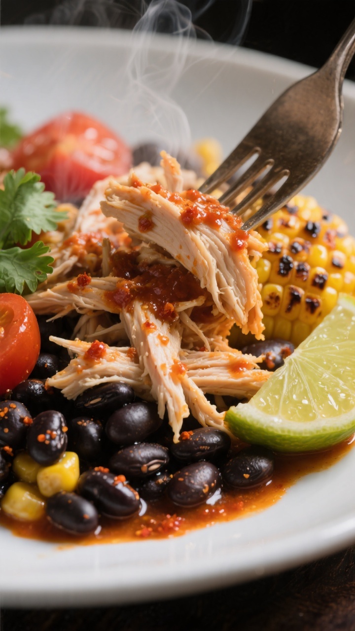 Close-up detail — Fork-tender shredded chicken coated in smoky tomato-chili sauce, nestled against