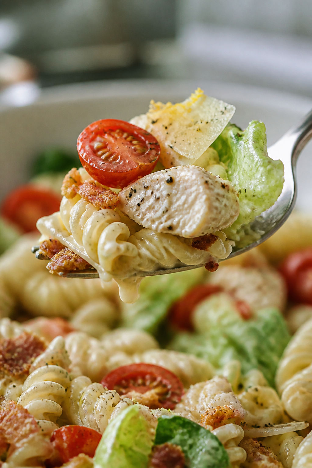Close-up detail: Forkful of Chicken Caesar BLT pasta salad lifted from a bowl—show rotini coated i