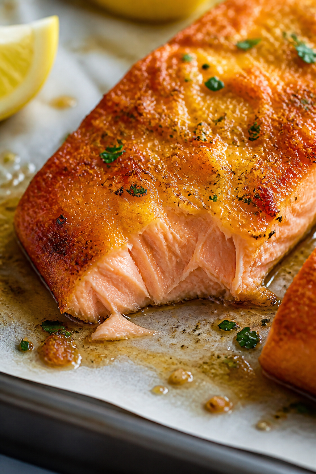 Close-up detail: Garlic butter Parmesan salmon just out of the oven, showing a golden, lightly crisp